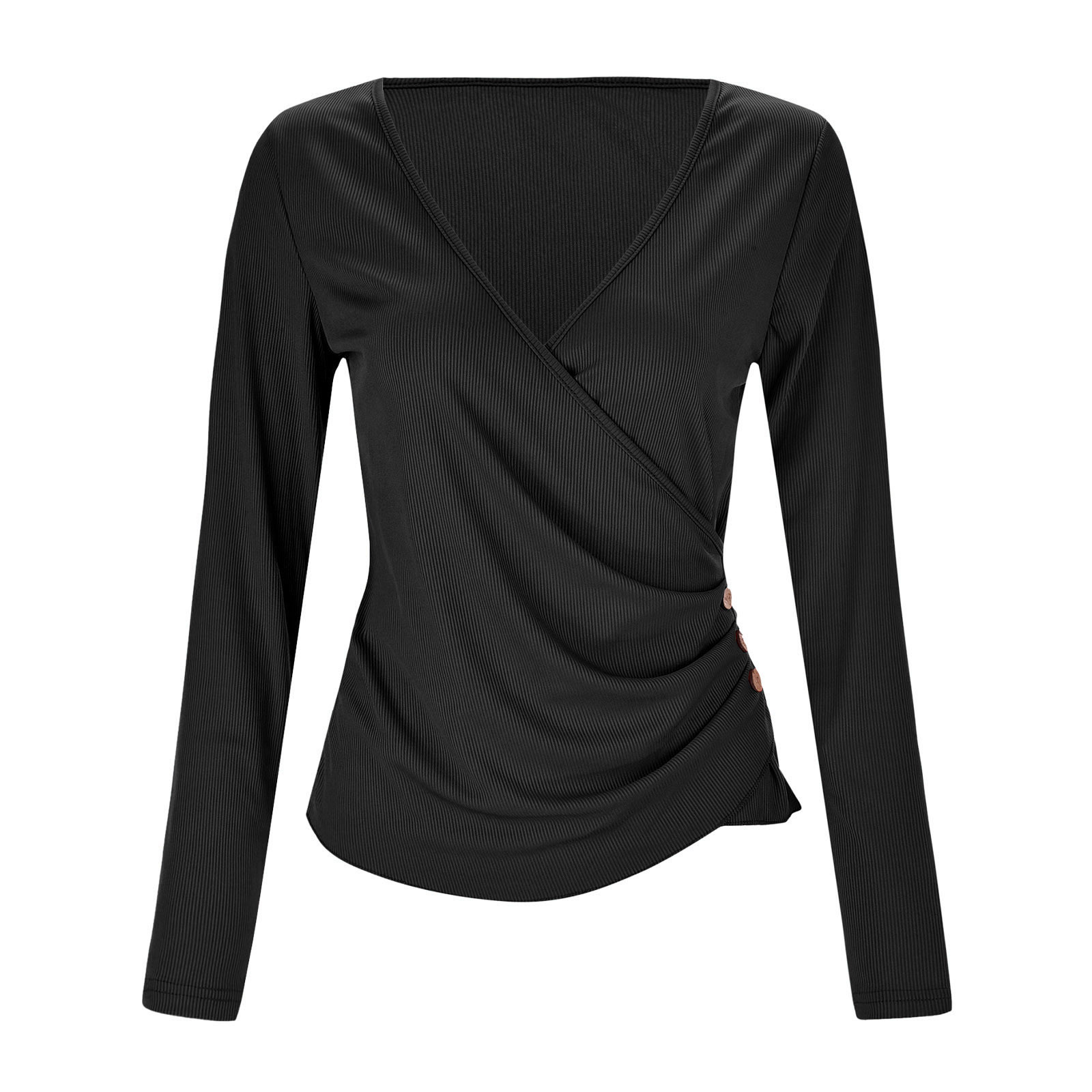 thumbnail image 4 of Top asimétrico con cuello en V y tres botones, manga larga, sexy y ajustado, blusa informal para mujer, 4 of 8